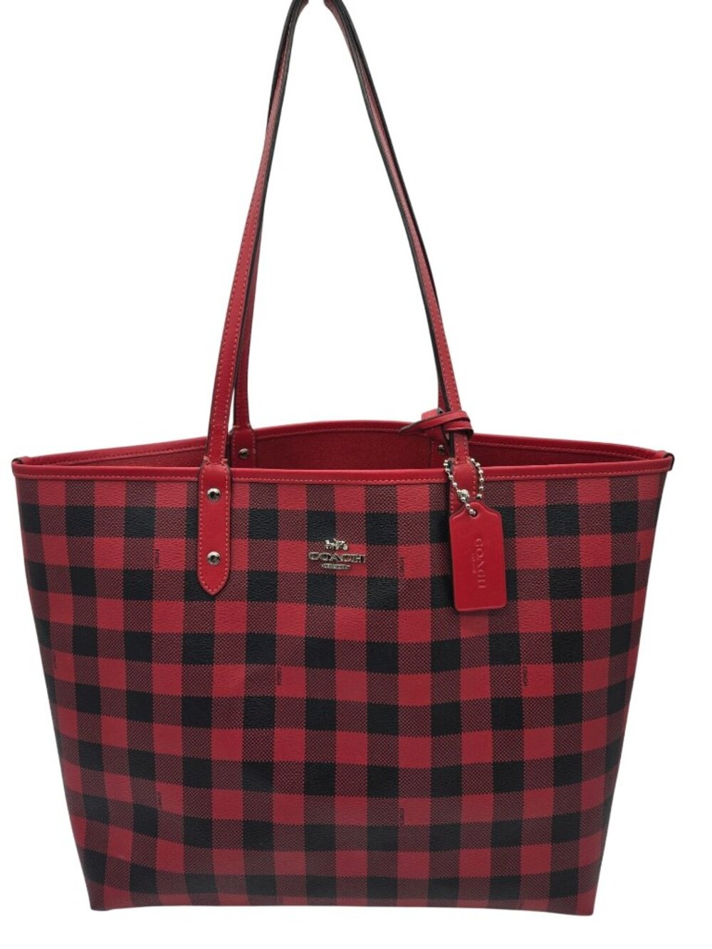 Coach 38094 Reversible Buffalo Plaid City Tote Red Black Leather Canvas Bag